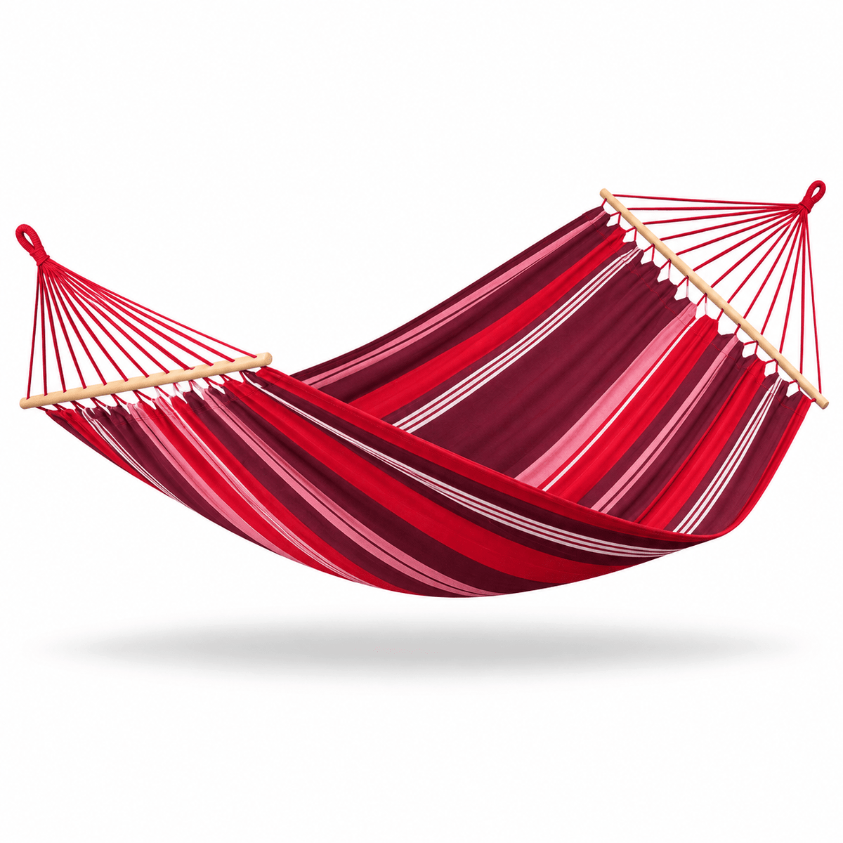 A striped fabric hammock with red, burgundy, and pink bands, suspended between two light wood spreader bars on a white background.