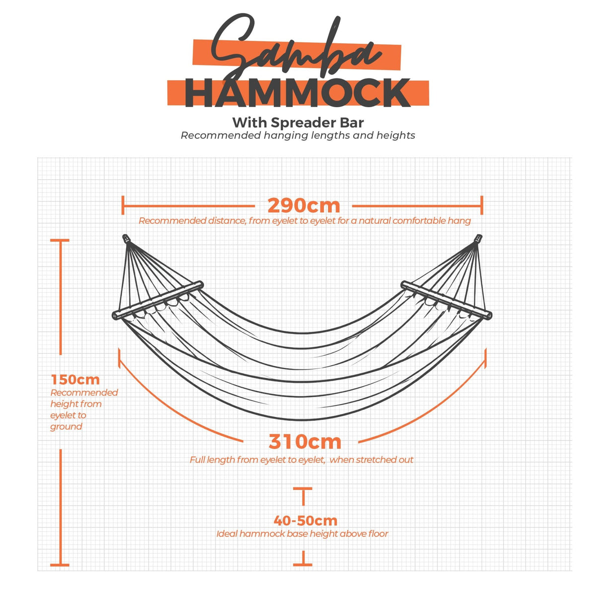 Samba Hammock with spreader bar and dimensions on a grid background