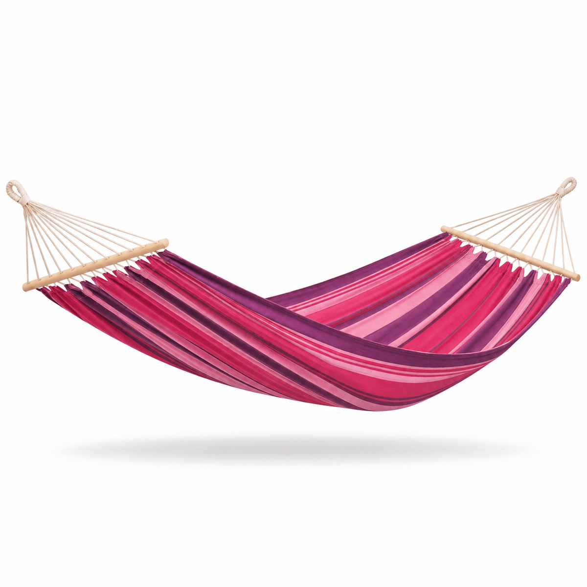 A striped fabric hammock suspended between two natural wood spreader bars, shown floating against a plain white background with a soft shadow underneath.