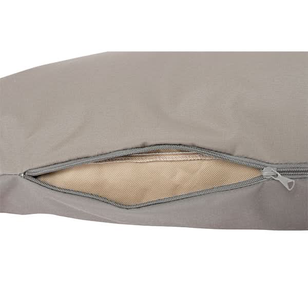 Grey pillow with mesh zipper on a white background