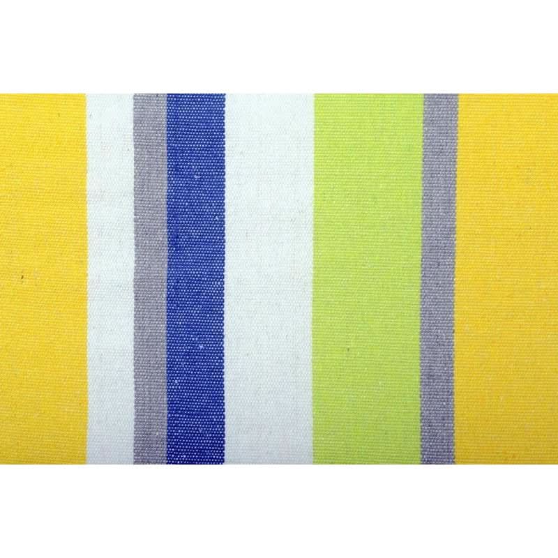 Striped fabric sample with yellow, blue, white, and green colours on a white background
