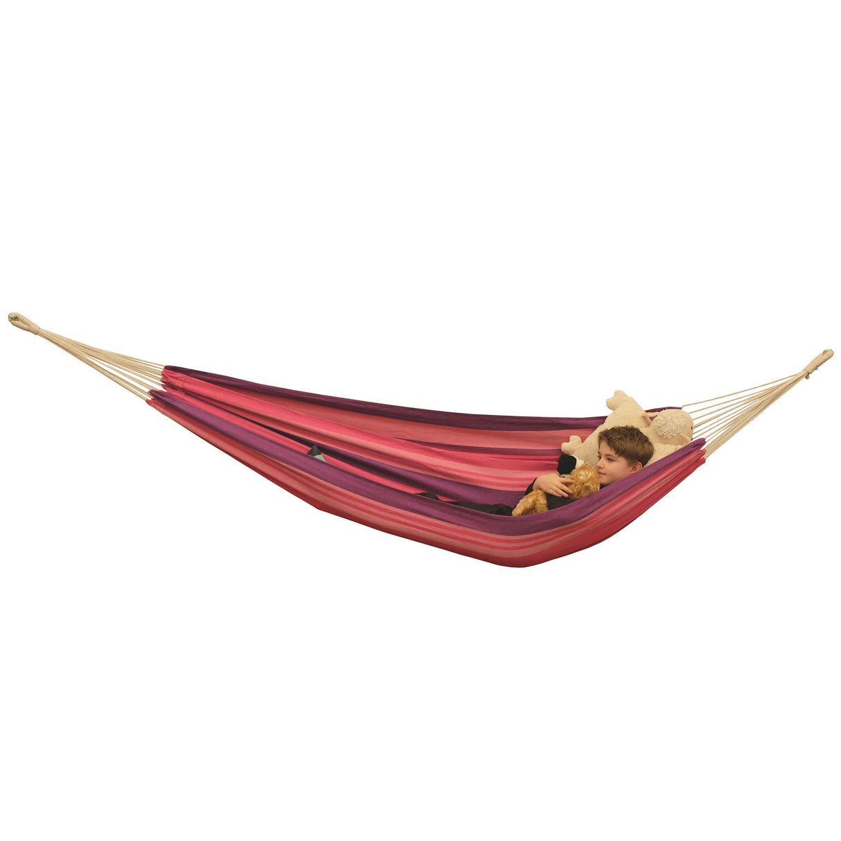Red and purple hammock with a person lying inside on a white background
