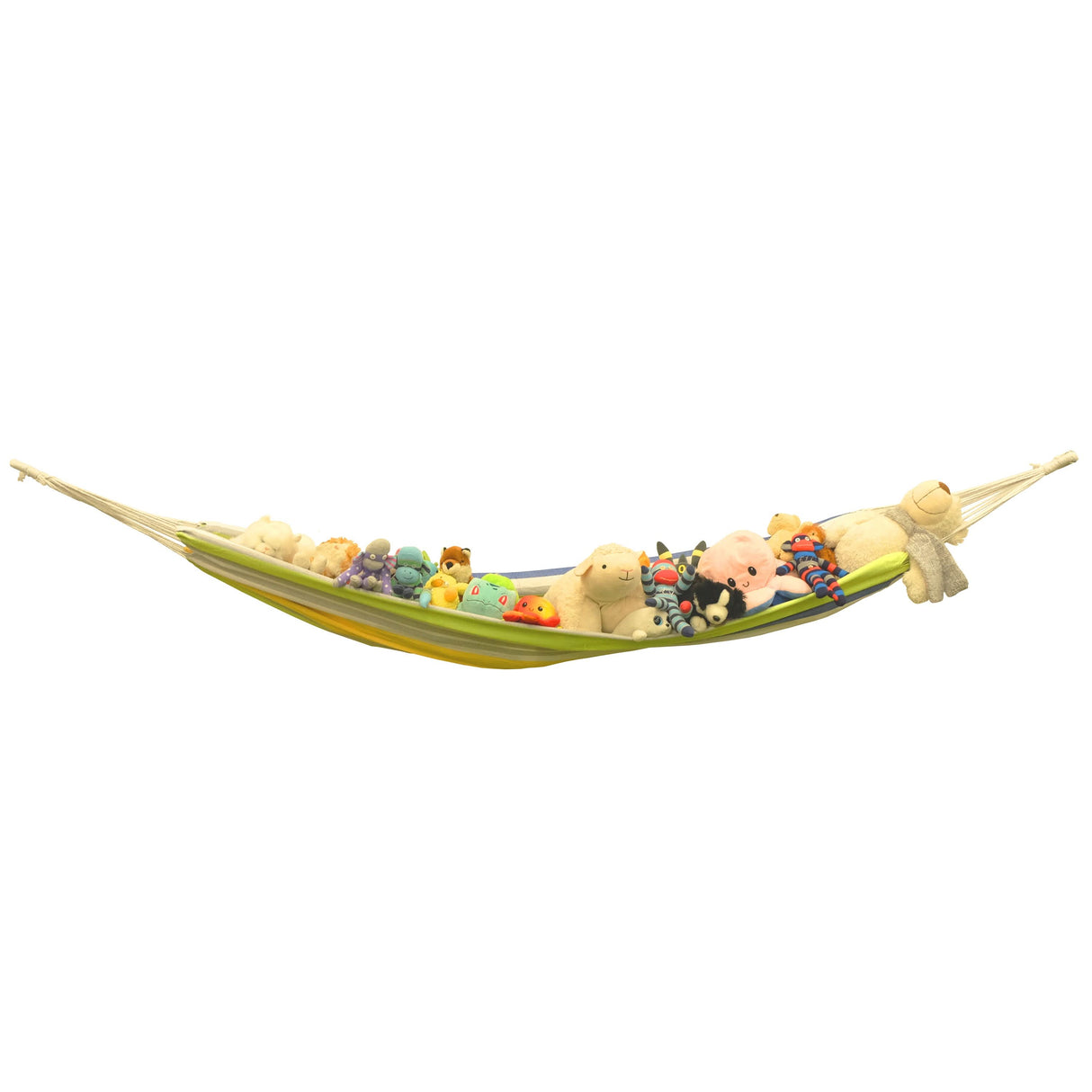 Hammock with various plush toys on a white background