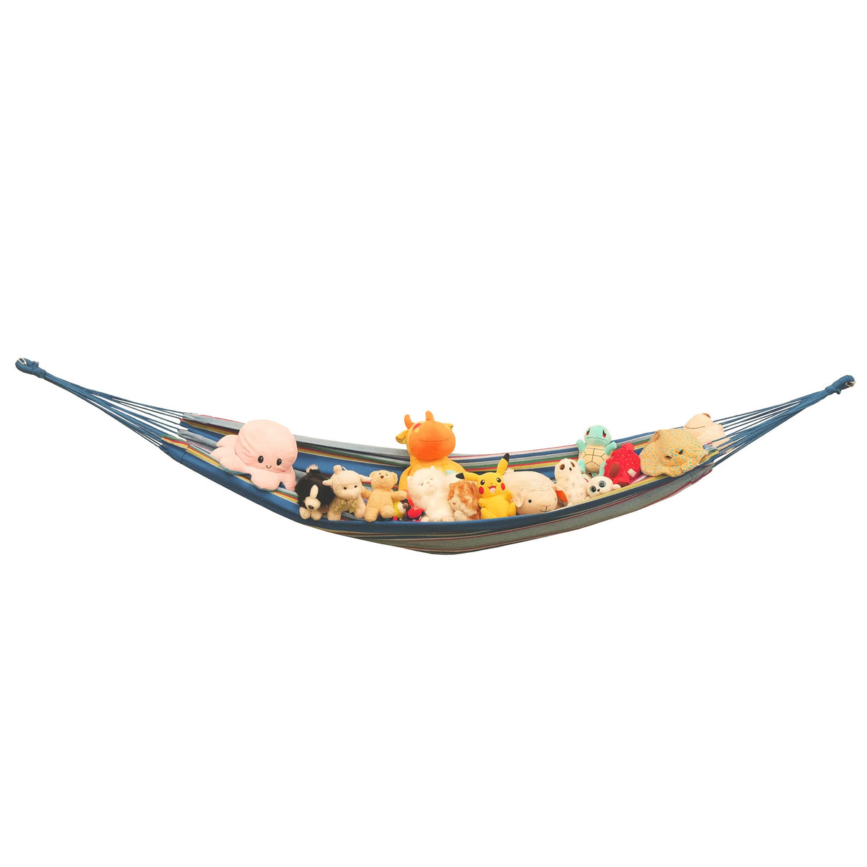 Hammock with various plush toys on a white background