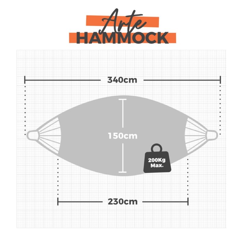 Hammock with dimensions and weight capacity on a white background, featuring the 'Arte Hammock' brand.