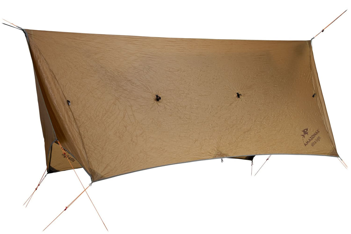 Brown camping tarp with ropes on a white background