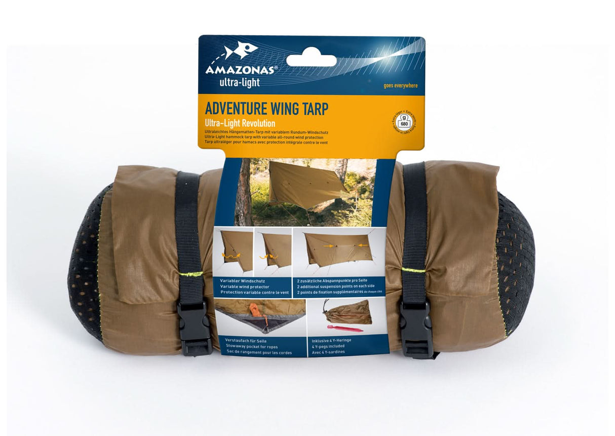 Amazonas ultra-light adventure wing tarp with packaging on a white background