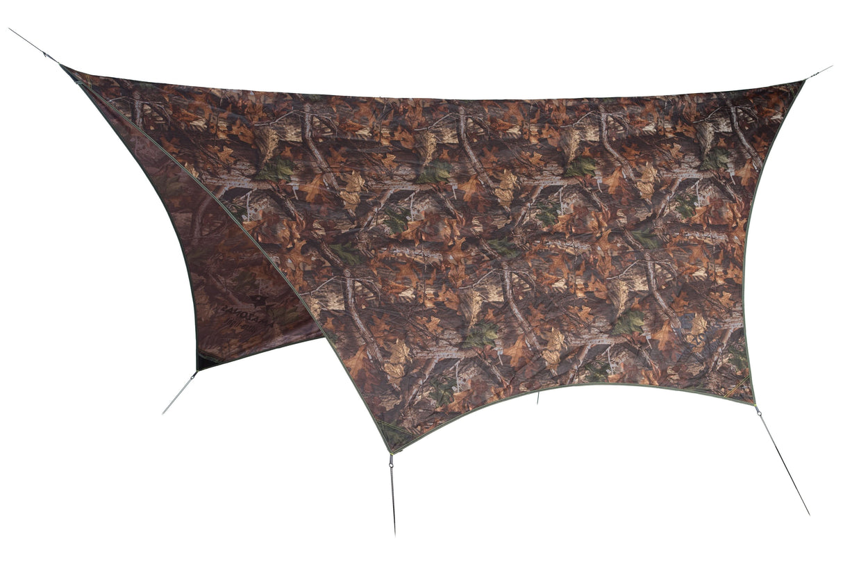 Camouflage-patterned tarp on a white background