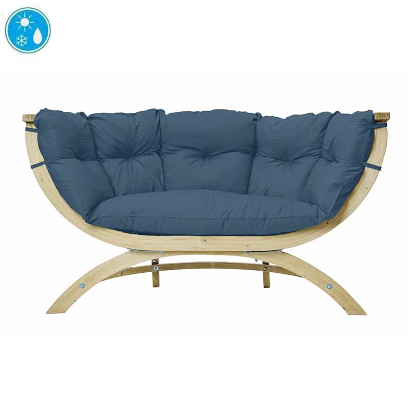 Blue cushioned chair with wooden frame on a white background