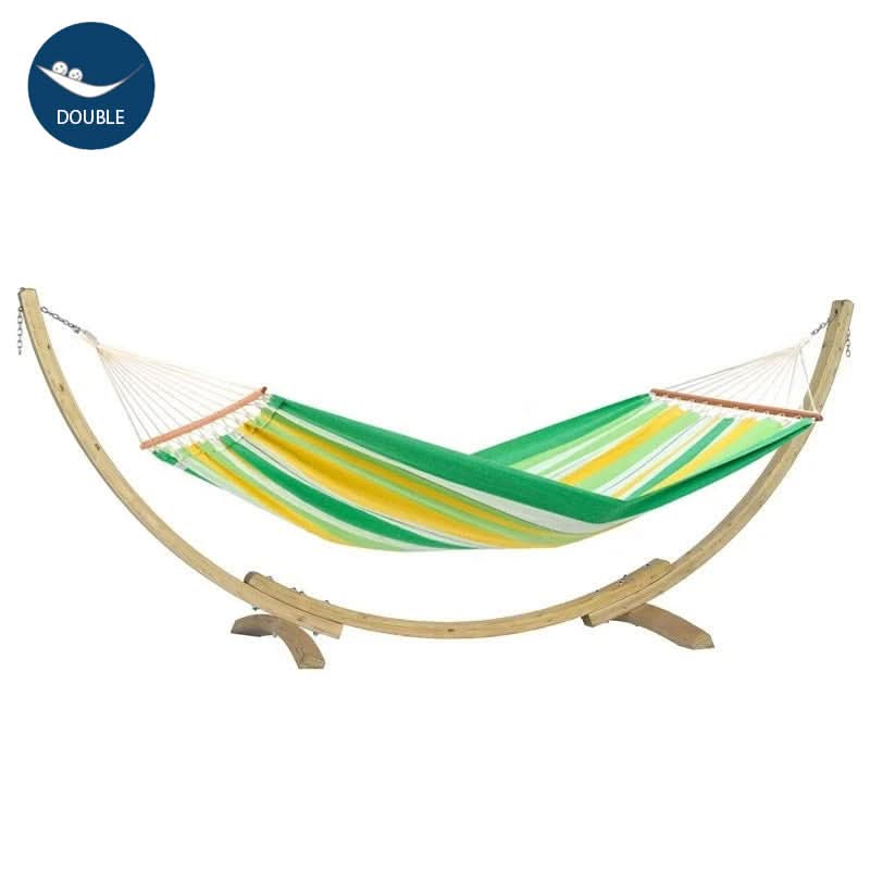 Green and yellow striped hammock on a wooden stand with 'DOUBLE' branding.