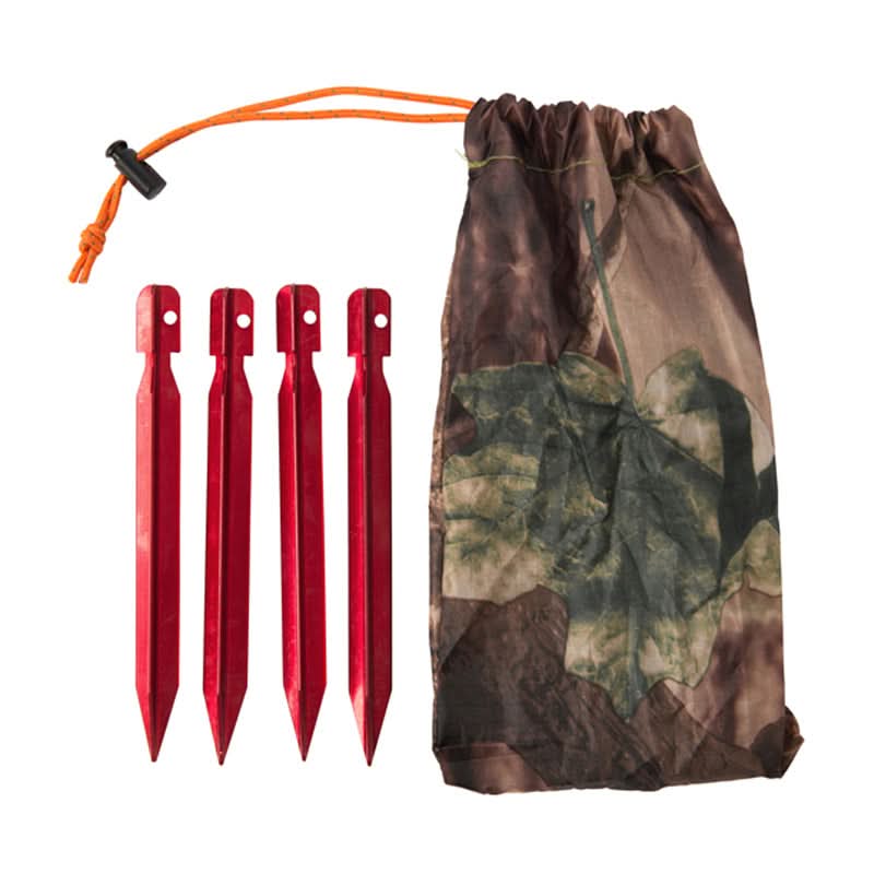 Set of red tent stakes with a camouflage drawstring bag on a white background