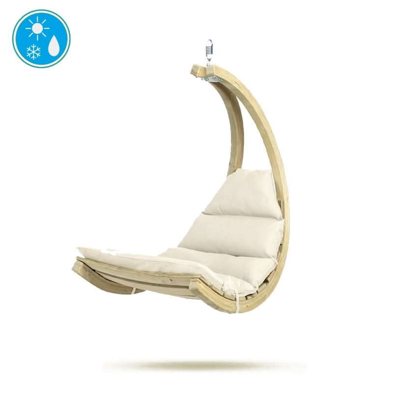 Beige hanging chair with white cushion on a white background