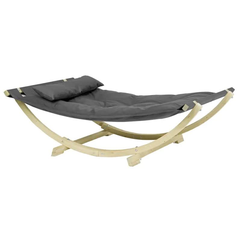 Grey hammock with wooden stand on a white background