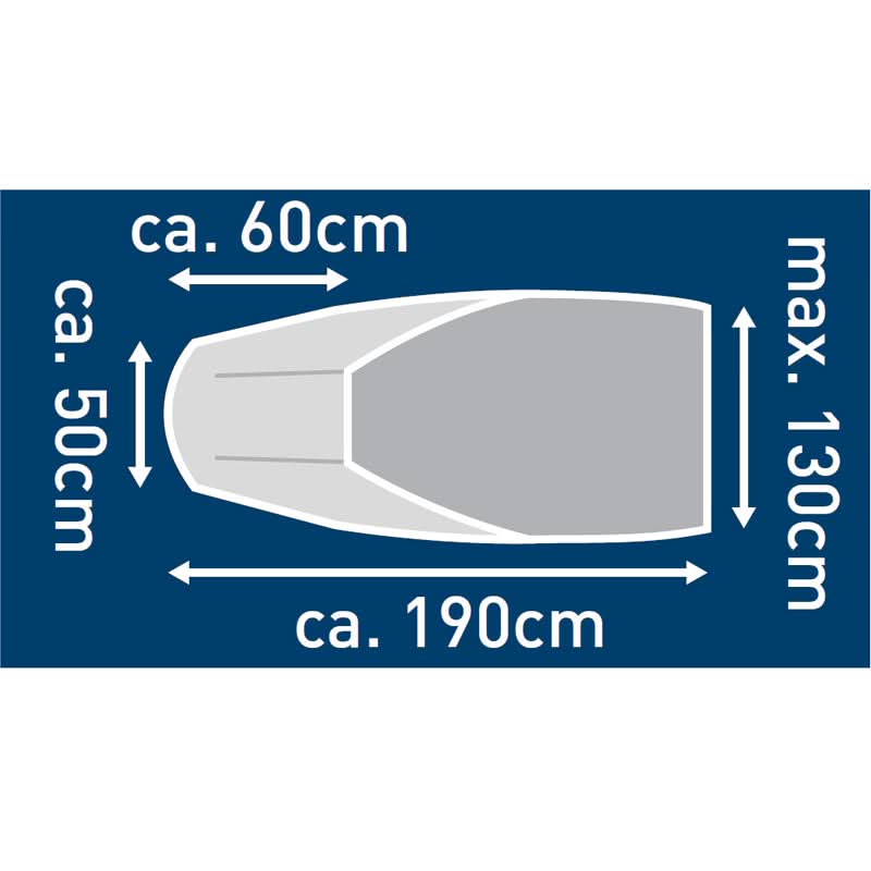 Measurement chart of a boat's dimensions on a blue background
