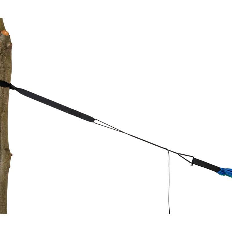 Hammock strung between two trees on a white background