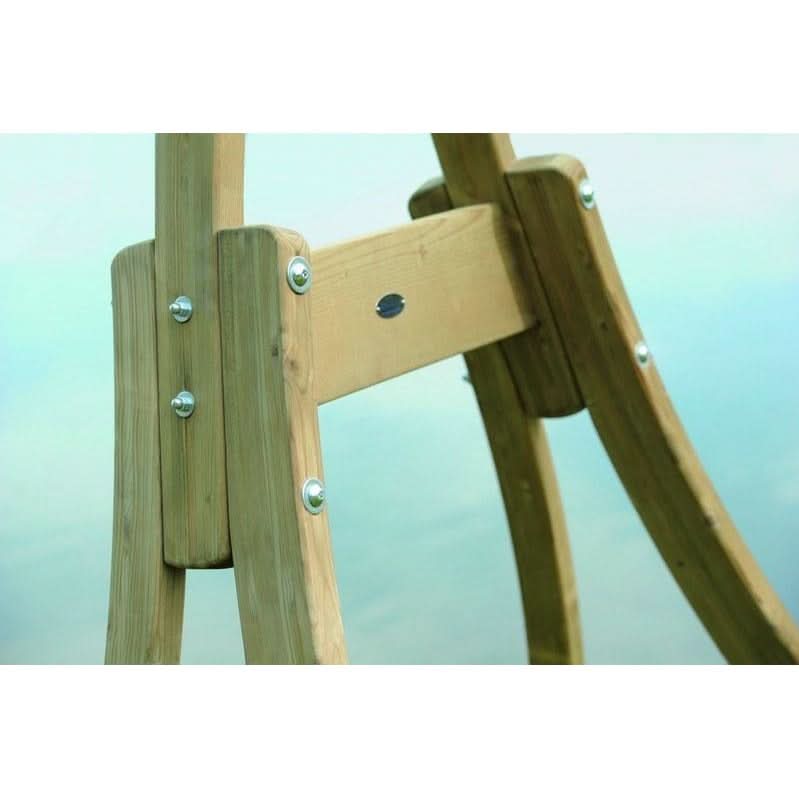 Wooden easel with metal brackets on a light blue background
