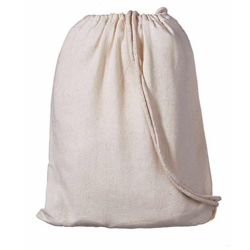 Beige drawstring bag on a white background