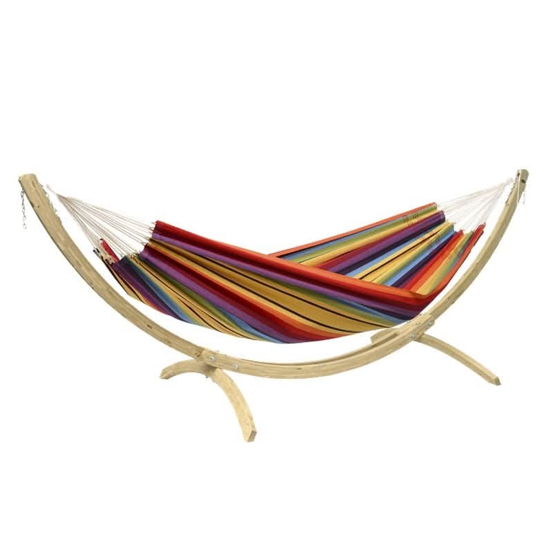 Colourful hammock with wooden stand on a white background