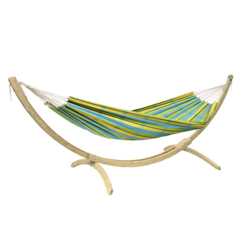 Colourful striped hammock on a wooden stand against a white background