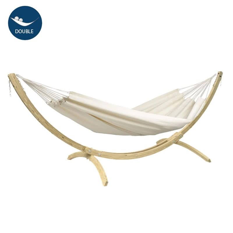 White hammock on a wooden stand with 'DOUBLE' logo in the corner.