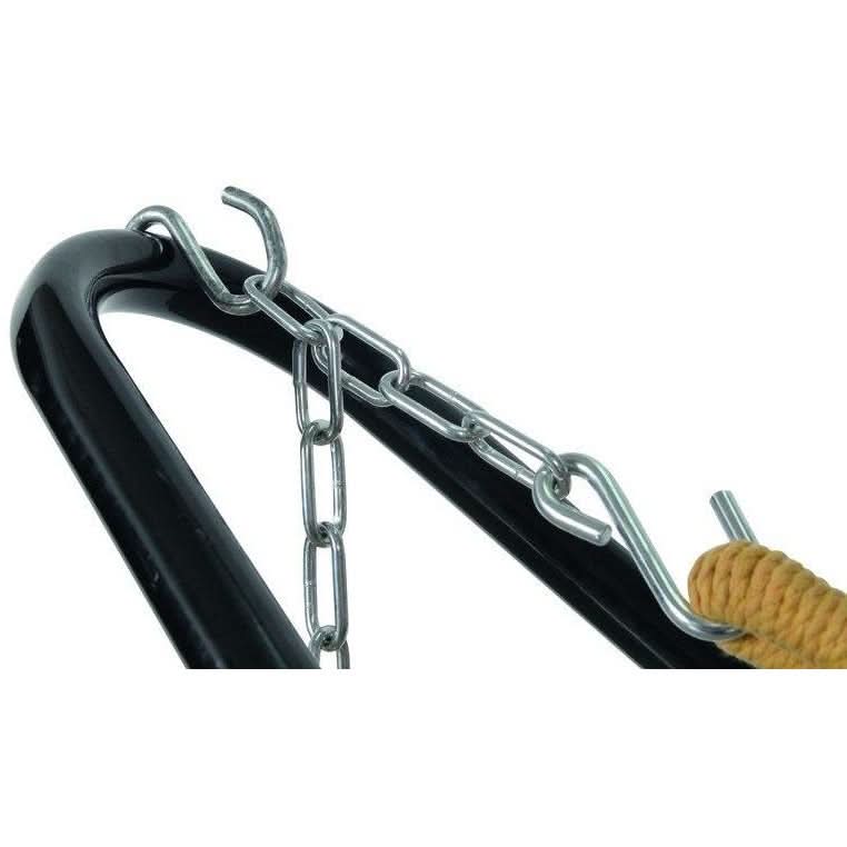 Black metal hook with a chain and rope on a white background