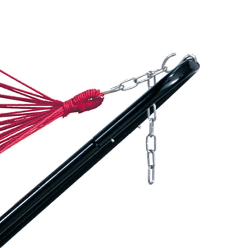 Black metal rod with red flogger attachment on a white background