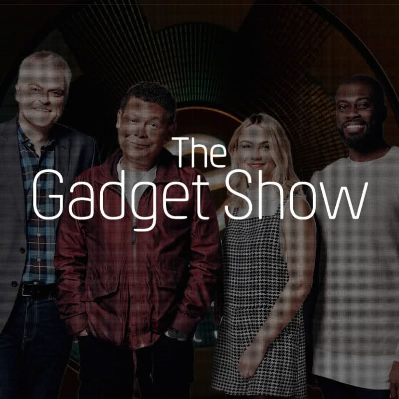 Four people standing together with 'The Gadget Show' text overlay