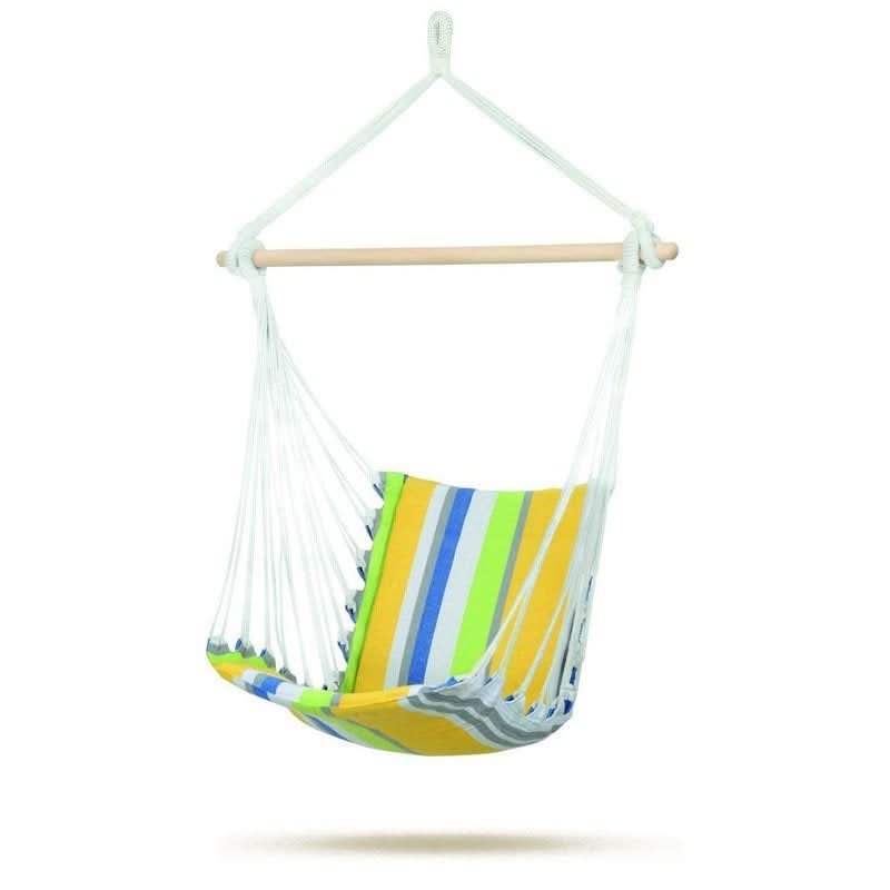 Colourful striped hammock chair with wooden rod on a white background