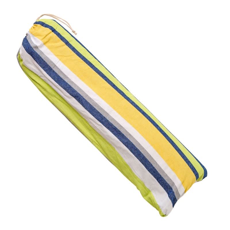Striped cushion with yellow, blue, and white colors on a white background