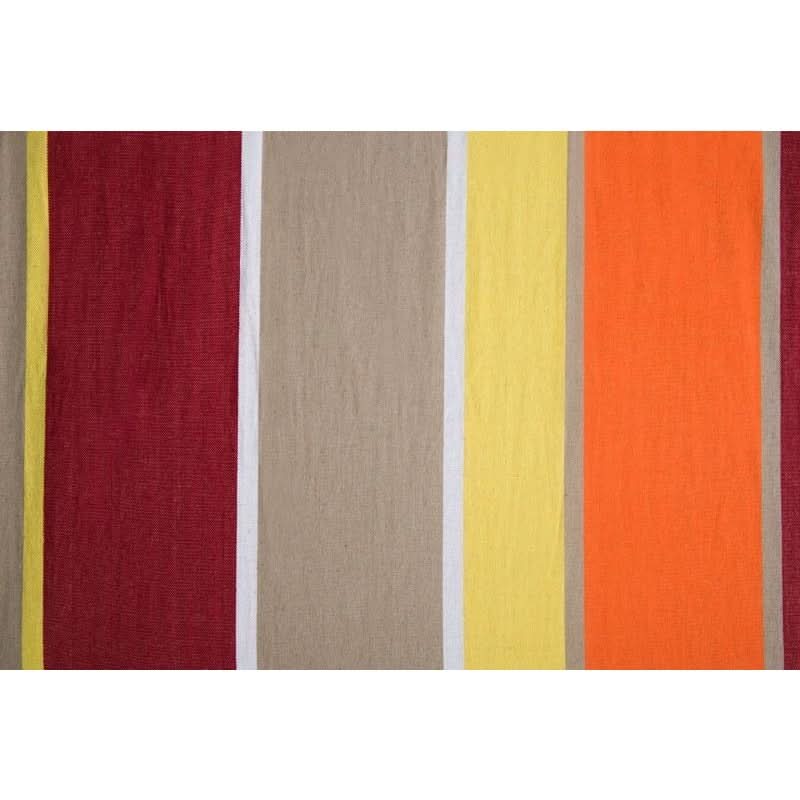 Striped fabric with red, beige, yellow, and orange colours on a white background