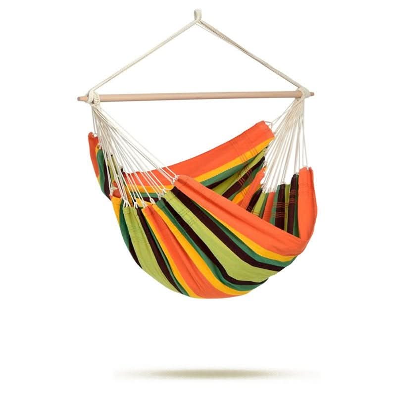 Colourful striped hammock chair on a white background