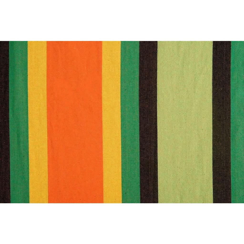 Striped fabric with orange, yellow, green, and black colours on a white background