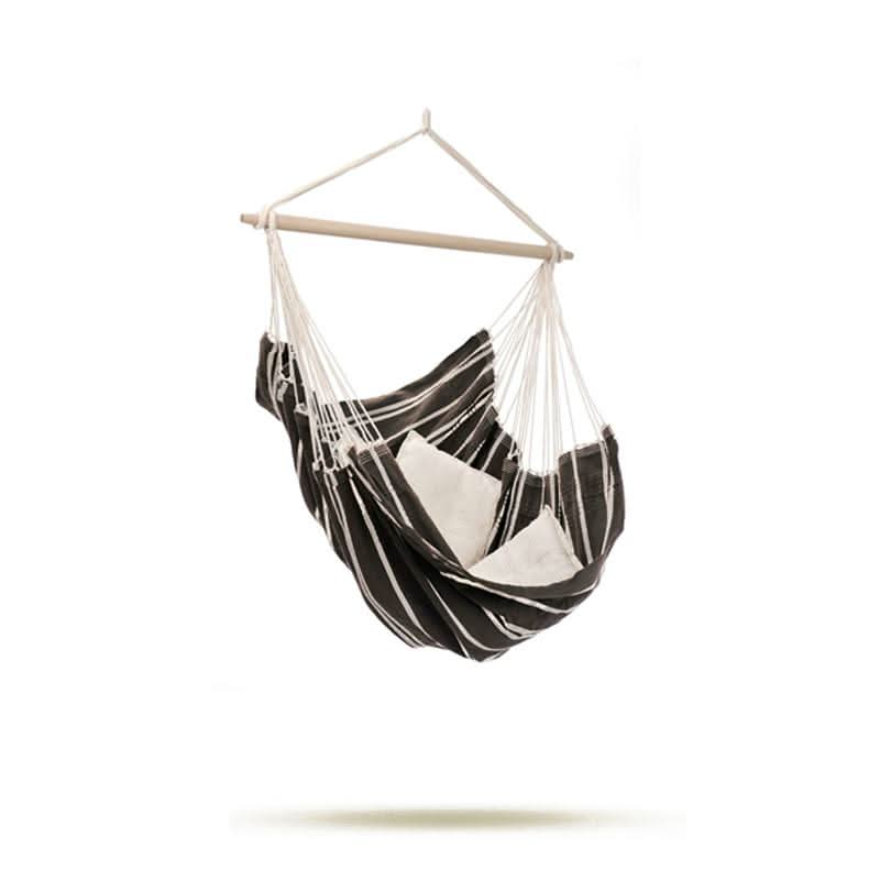 Black and white striped hammock chair on a white background