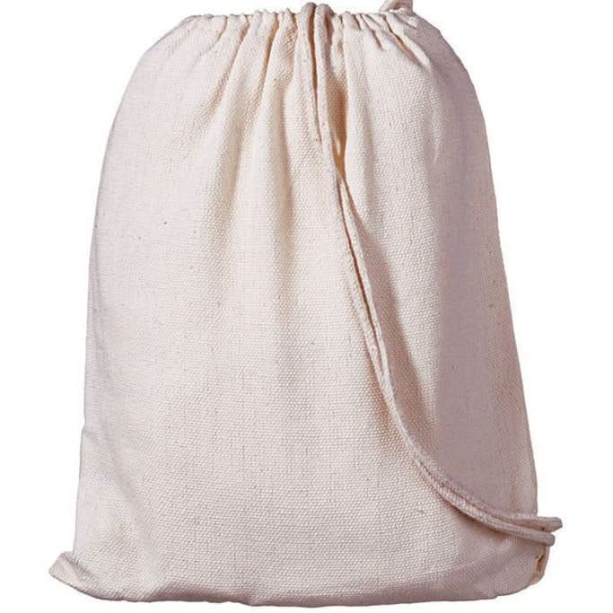 Beige drawstring bag on a white background