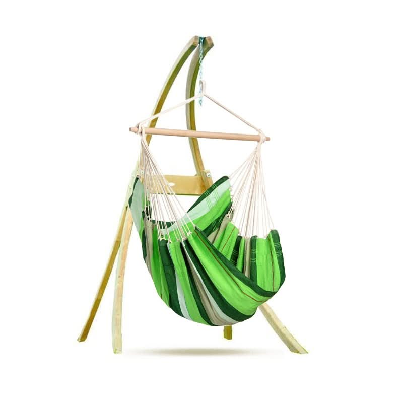 Green striped hammock chair on a stand with a white background