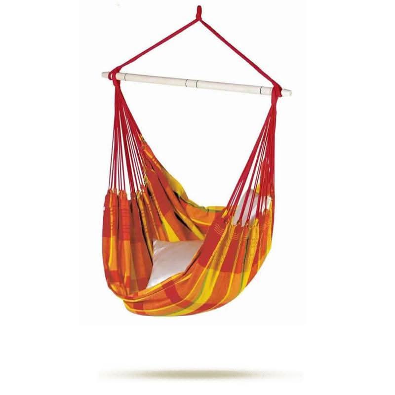 Colourful hammock chair with red and yellow straps on a white background