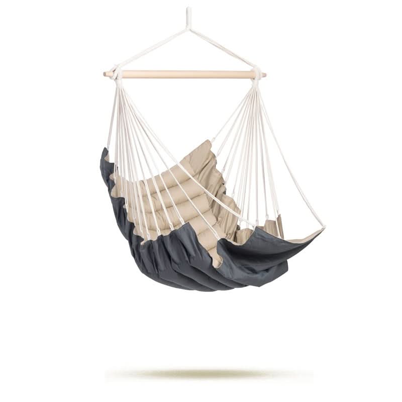 Hanging chair with grey and beige cushions on a white background