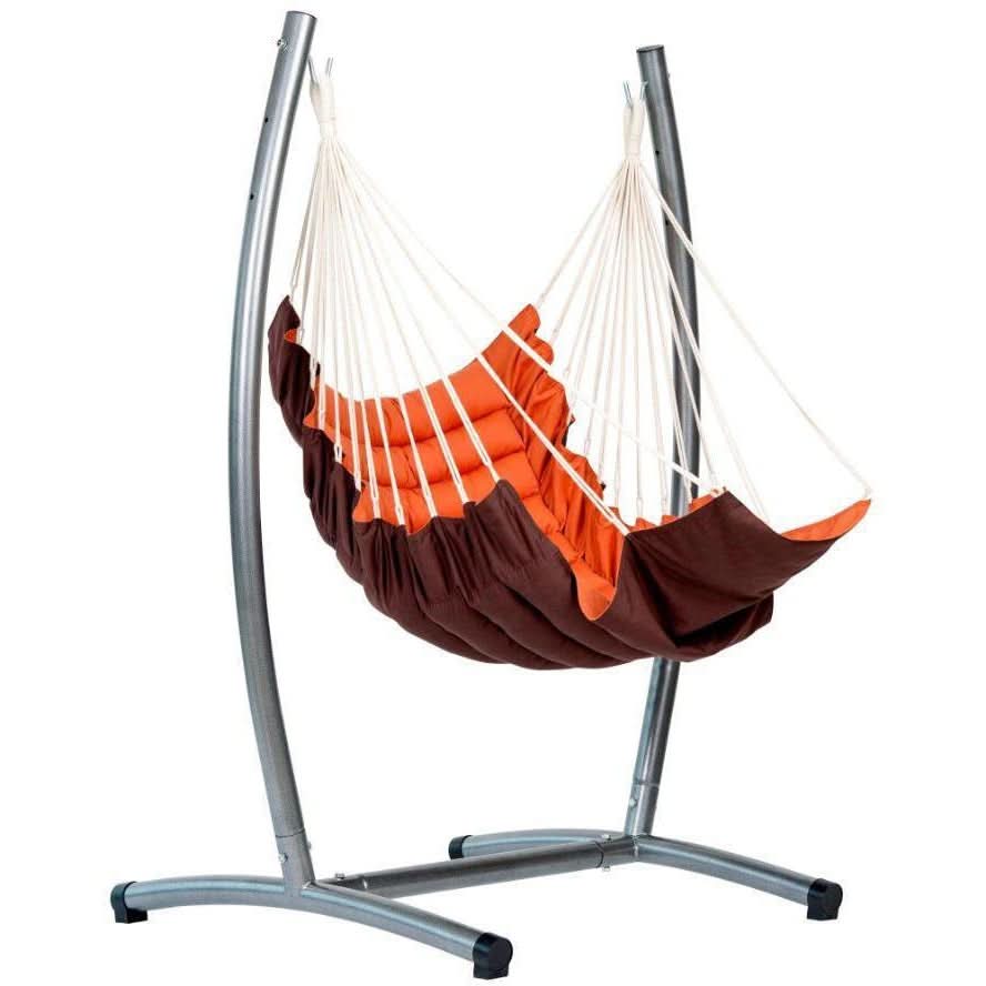 Brown and orange hammock chair with a stand on a white background