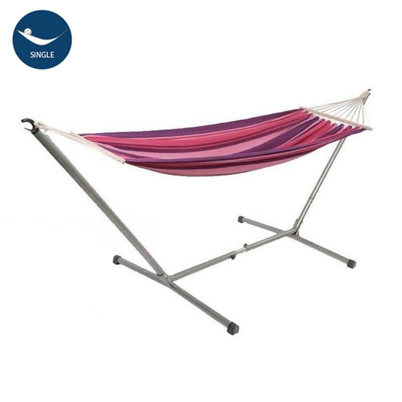 Pink and purple striped hammock on a metal stand with 'SINGLE' label.