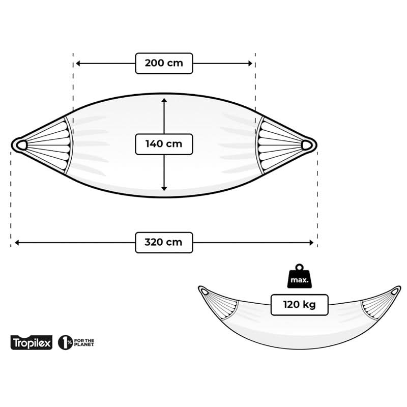 Measurement chart of a Tropilex hammock with dimensions and weight limit.
