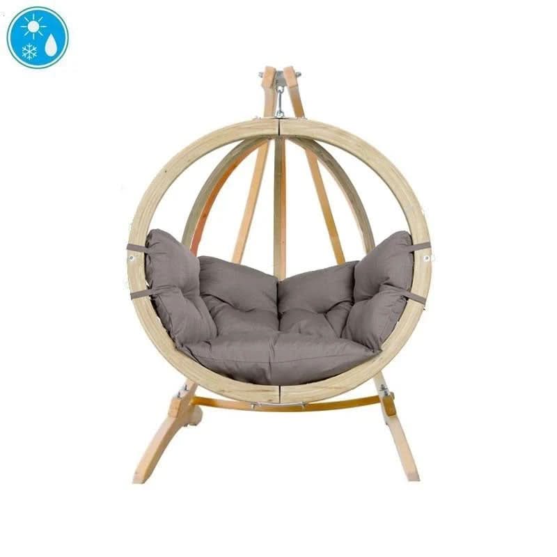 Hanging chair with wooden frame and gray cushions on a white background