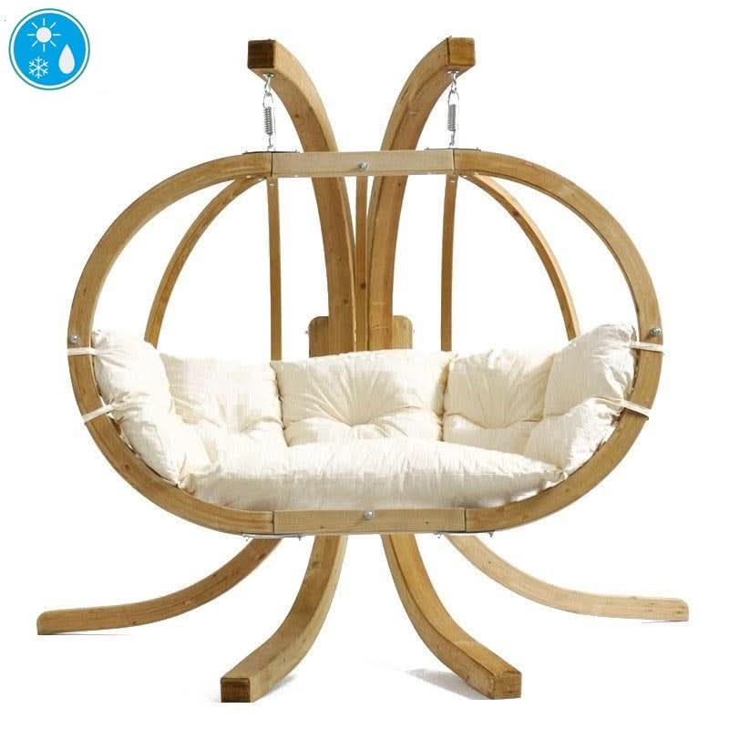 Wooden hanging chair with a white cushion on a white background