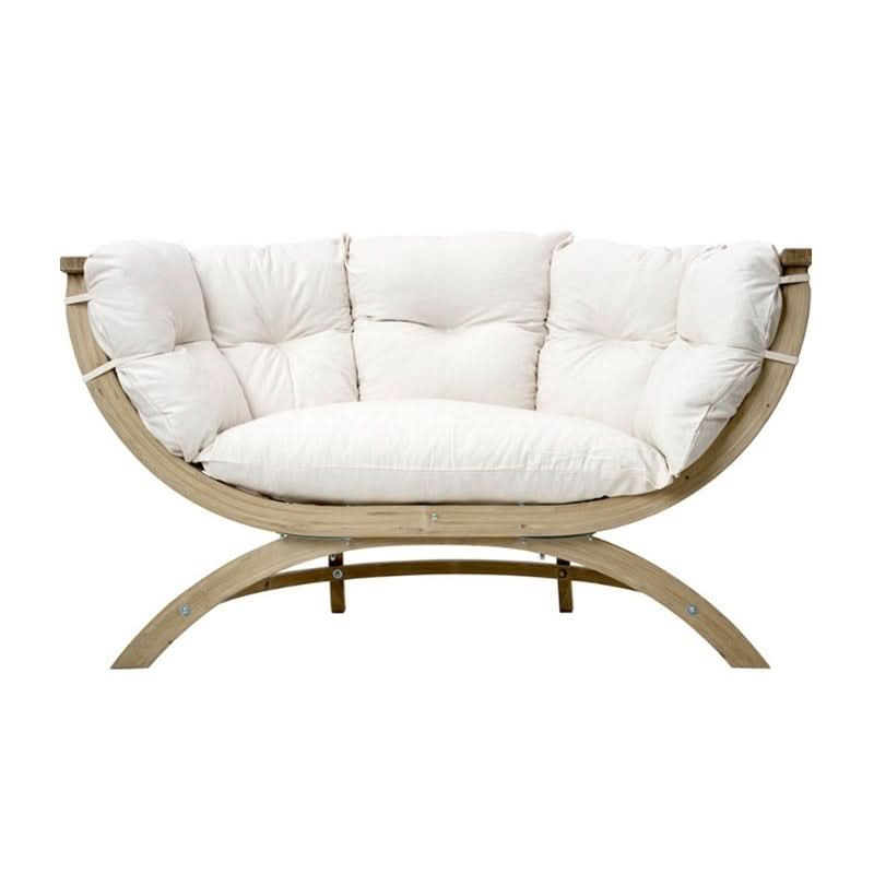 Arc-shaped chair with white cushion on a white background