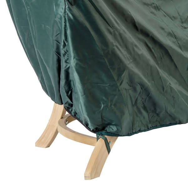 Green chair cover on a wooden chair against a white background