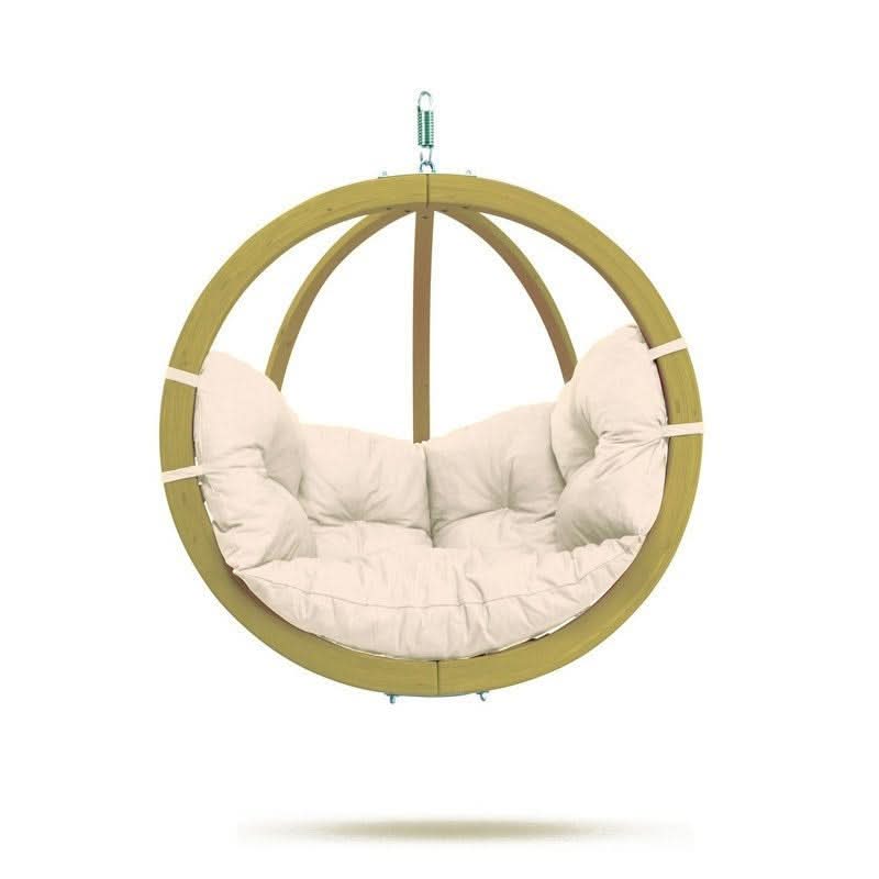 Round hanging chair with beige cushion on a white background