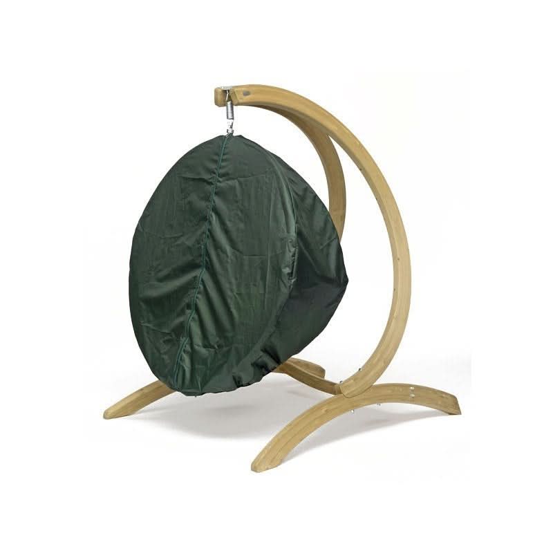 Hanging chair with green cover and wooden frame on a white background