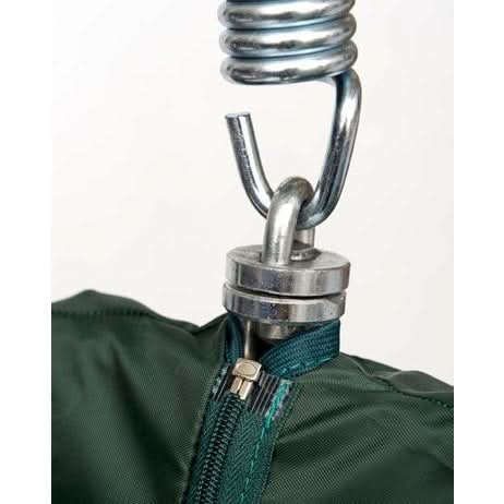 Close-up of a green jacket with a metal spring mechanism on a white background