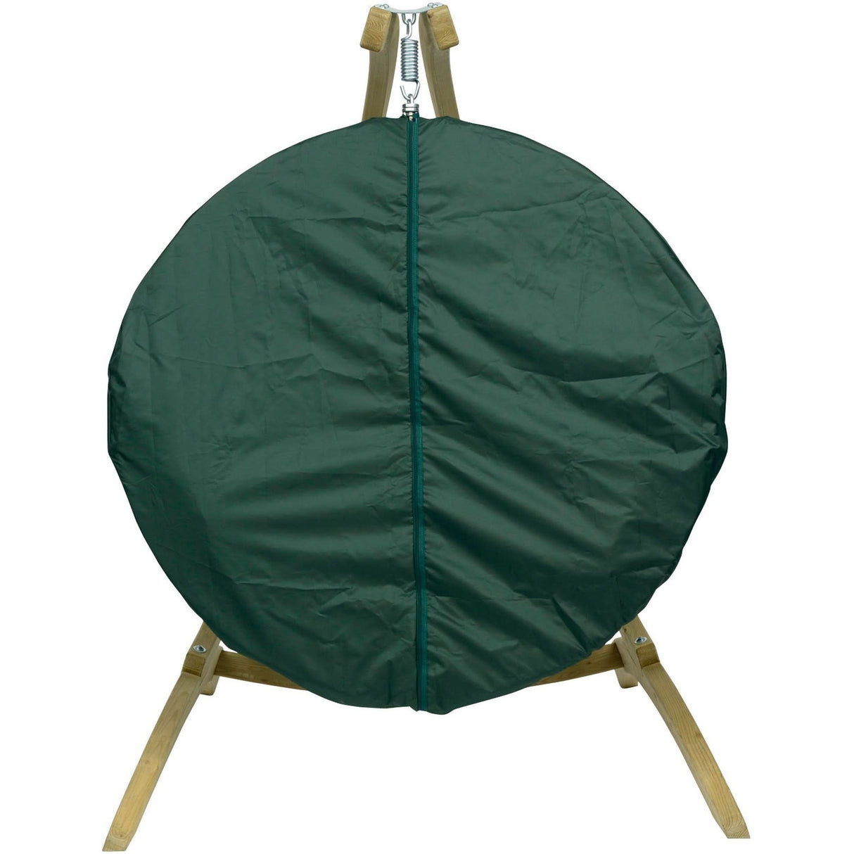 Green round cover with a zipper on a wooden stand against a white background