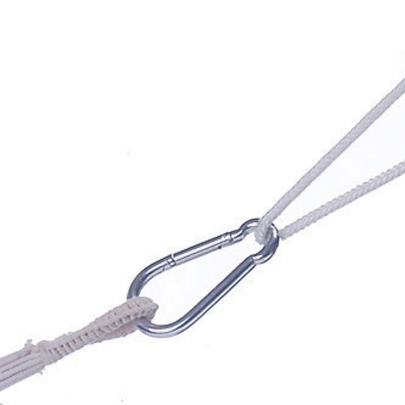 Close-up of a carabiner attached to a rope on a white background