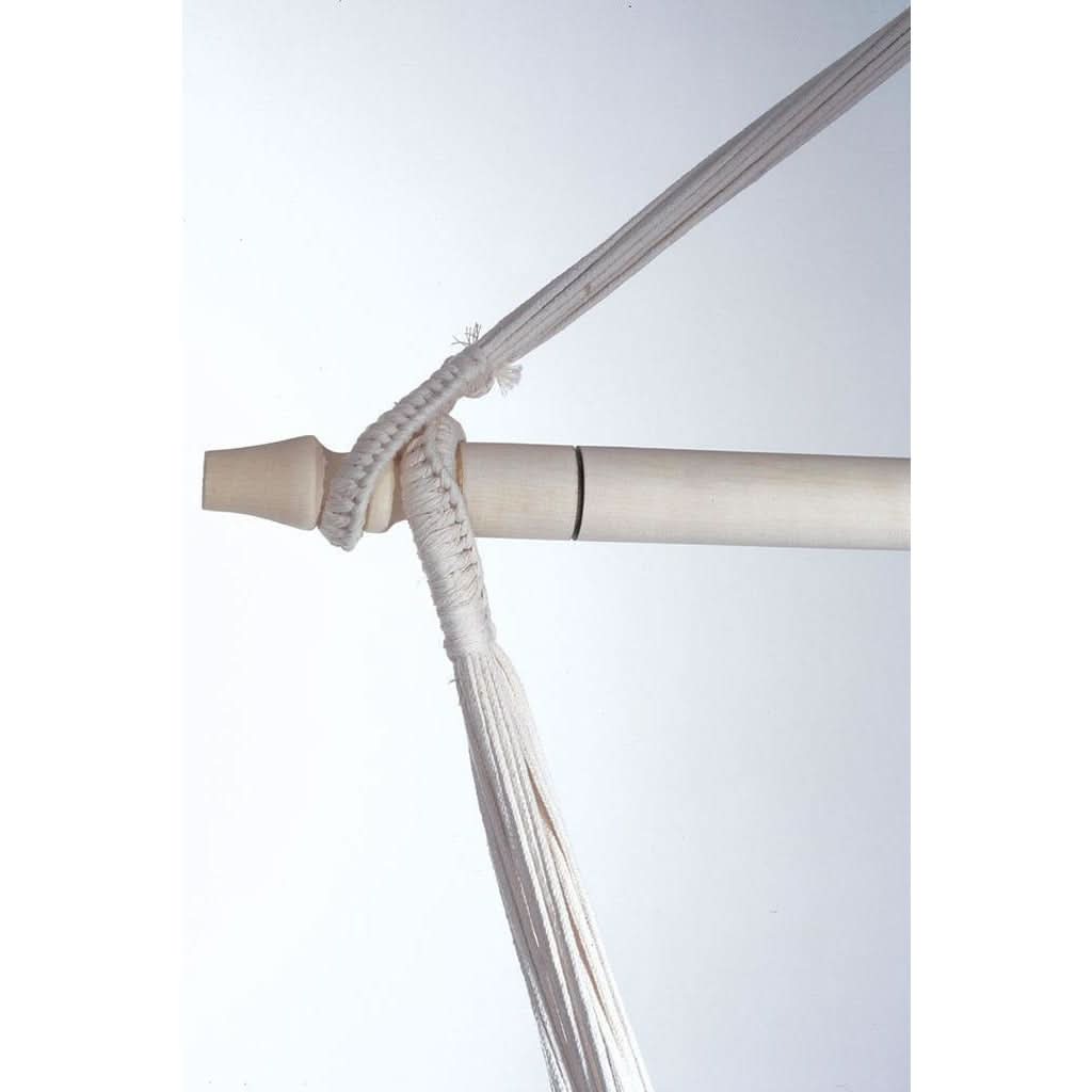 Close-up of a white hammock with a metal rod on a light gray background